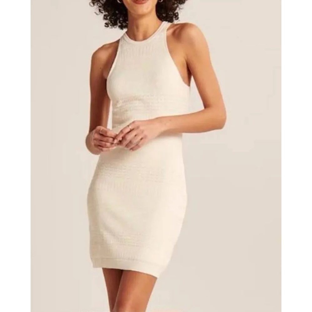 Abercrombie & Fitch Cream Pointelle Knit High Neck Mini Dress New Size XST